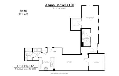 A floor plan for a unit at Asano Bankers Hill shows a total of 1,202 square feet.