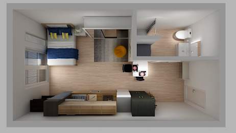 a view of a room with a bed and a desk and a living room with