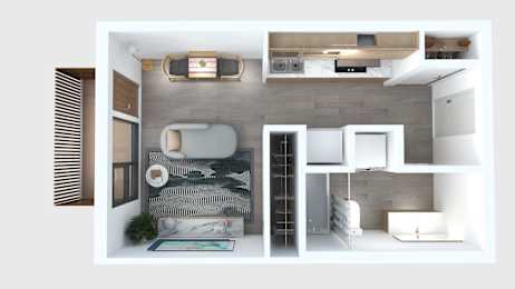 A modern, minimalist living space with a grey and white color scheme.