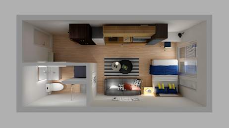 a 3d rendering of a bedroom and living room