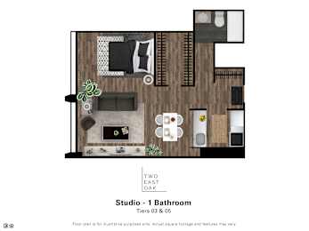 A floor plan of a studio apartment with a bathroom.