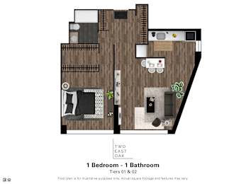 A floor plan of a two-bedroom, one-bathroom apartment at Tiers 01 & 02.