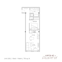 A floor plan of a one bedroom apartment with a bathroom and a living room.