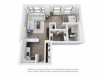 A white, minimalist floor plan of a two-story apartment with a living room, kitchen, and bedrooms.