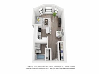 A white floor plan of a small apartment with a kitchen, living room, and bathroom.