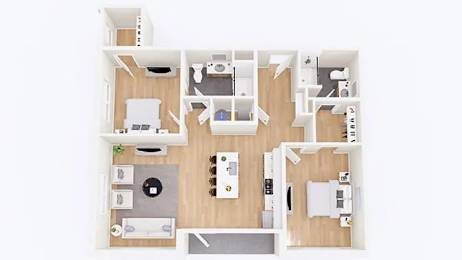 A floor plan of a small apartment with a kitchen, living room, and two bedrooms.