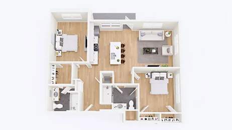 A white dollhouse with a kitchen, living room, and bedrooms.