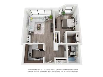 A white and wood floor plan of a house with a kitchen, living room, and two bedrooms.