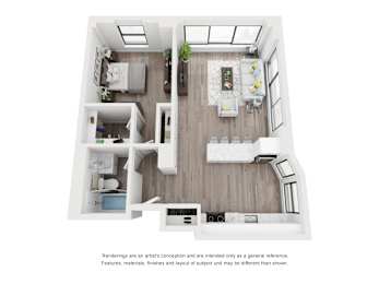 3D rendering of one bedroom apartment layout at River North Park Apartments, Illinois
