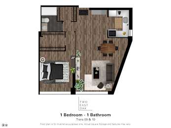 A floor plan of a bedroom and bathroom with a wood floor.