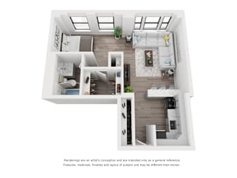 A white interior design rendering of a house with a living room, kitchen, and two bedrooms.