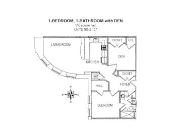 2-D floor plan of 1-bedroom, 1-bathroom with den apartment (850 square feet)
