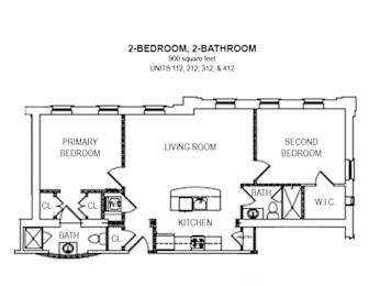 2-D floor plan of 2-bedroom, 2-bath apartment (900 square feet)