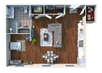 3-D floor plan of studio apartment (310 sf)