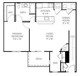 2-D floor plan of 1-bedroom upper apartment with a study and a balcony