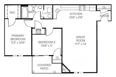 2-D floorplan of a 2-bedroom, 1-bathroom 1st floor apartment with a covered patio and open layout