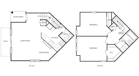 2-D floor plan of a 2-bedroom, 1.5-bathroom, 2-story townhome apartment with finished basement