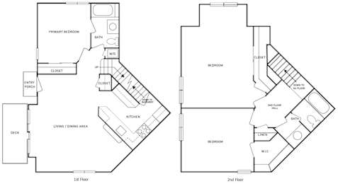 2-D floor plan of a 3-bedroom, 2-bathroom, 2-story townhome apartment with finished basement