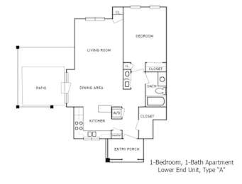 2-D floor plan of 1-Bedroom, 1-Bath Lower End Unit Apartment with fenced patio area (Type "A")