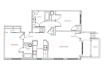 2-D floor plan of 2-bedroom, 2-bath ranch-style apartment with interior & exterior entrances