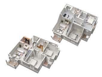 3-D floor plan 3-bedroom, 2-bathroom 2-story apartment with loft