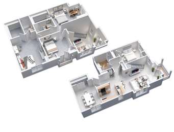 3-D floor plan of 4-bedroom, 3-bathroom,. 2-story apartment with dining room & 2 balconies