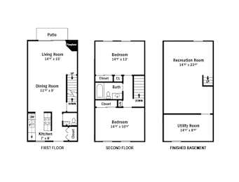 2-D floor plan of 2-bedroom, 1-bathroom townhome with fireplace & finished basement with laundry hookups