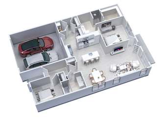 3D floor plan of 2-Bedroom, 2-Bath End Unit Ranch Townhome with 2-Car Garage (1315 sq ft)