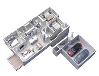 3D floor plan of 3-Bedroom, 2-Bath Upper Apartment with 2-Car Garage (1268 sq ft)