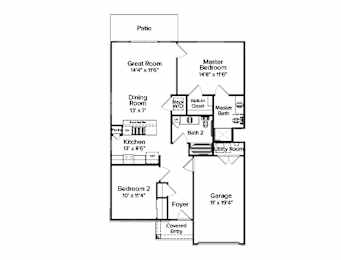2-D floor plan of 2-bedroom, 2-bathroom ranch townhome with 1-car garage and private patio