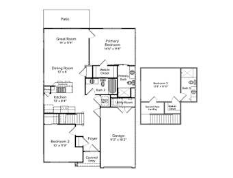 2-D floor plan of 3-bedroom, 3bathroom, 2-story townhome with 1-car garage & patio