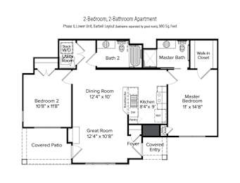 2-D floor plan of a 2-bedroom, 2-bathroom lower apartment in Phase II with bedrooms on either side of the great room, & private patio (980 square feet)