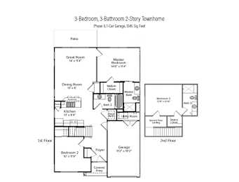 2-D floor plan of a 3-bedroom, 3-bathroom 2-story townhome in Phase II with 1-car garage & private patio (1345 square feet)
