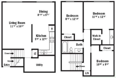 two floor plan of a house with a kitchen and a living room