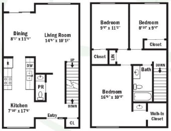 two floor plan of a house with a kitchen and a living room