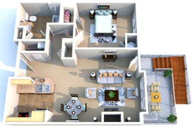 3-D floor plan of 1-bedroom, 1-bathroom apartment with fireplace, brownstone-style entrance, and front porch