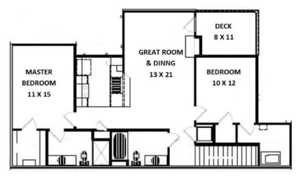 a floor plan of a house with a great room and a desk