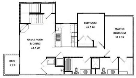 the floor plan of the second level of the house showcasing the great room and dining