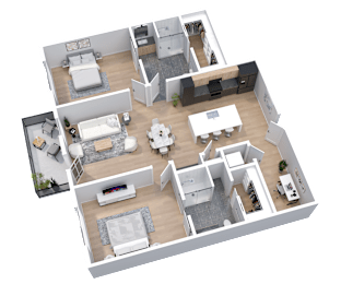3-D floor-plan of 2-bedroom, 2-bathroom residence (1175 square feet) with flex space and balcony