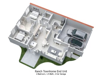3-D floor plan of 2BR, 1.5BA Ranch Townhome End Unit with 2-Car Garage & Patio