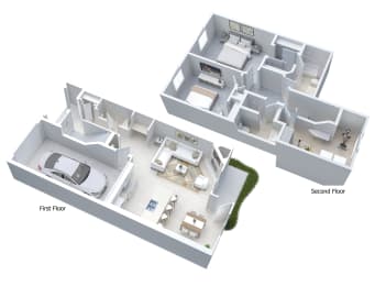 2-bedroom, 2.5-bathroom 2-story townhome with 1-car garage