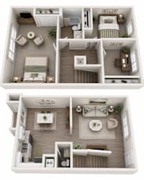 A 3D floor plan of a two-bedroom apartment.
