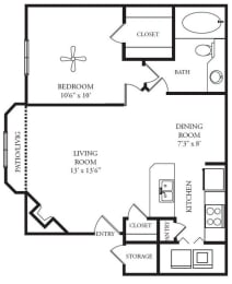 1 bed 1 bath floor plan A at Highland Ridge Apartments, Overland Park