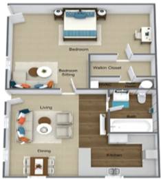A floor plan of a small apartment with a bedroom, living room, dining room, kitchen, and bathroom.