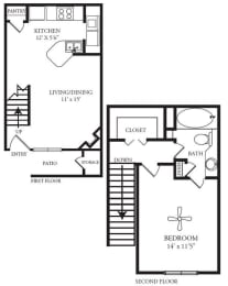 1 bed 1 bath floor plan B at Highland Ridge Apartments, Overland Park , Kansas