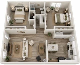 A top-down view of a well-organized apartment with two bedrooms, a living area, and a kitchen.