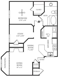 2 bed 1 bath floor plan at Highland Ridge Apartments, Overland Park , 66210