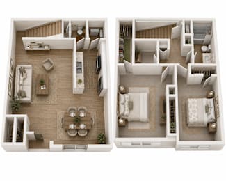 A top-down view of a two-story house interior with a living room, dining area, kitchen, and bedrooms.