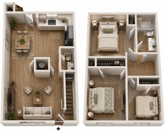 A diagram of a house layout with two bedrooms, a living room, a kitchen, a bathroom, and a dining area.