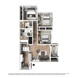 A 3D rendered image of a house layout.